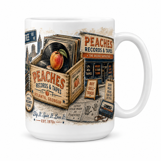 Peaches Records & Tapes Vintage 80s Rock Mug | Peaches Nostalgia