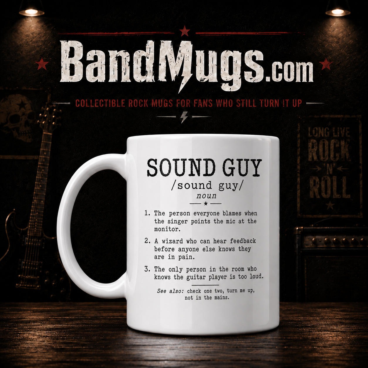 SOUND GUY funny definition mug with black typewriter-style audio engineer humor design on a 15 oz white ceramic mug