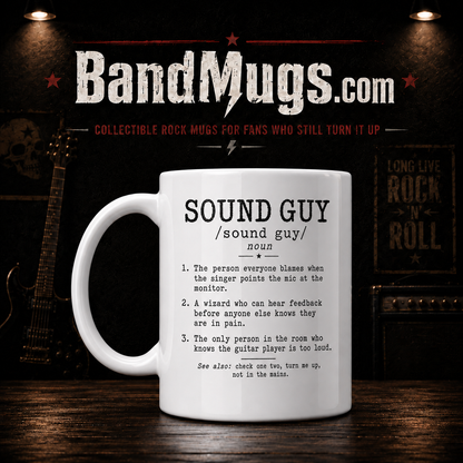SOUND GUY funny definition mug with black typewriter-style audio engineer humor design on a 15 oz white ceramic mug