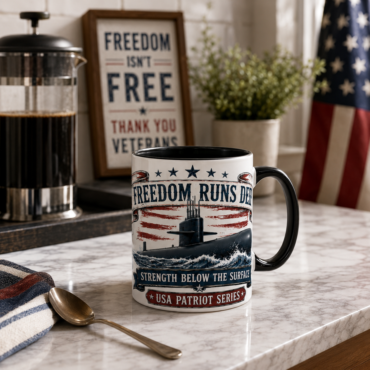 Mug with submarine design and 'Freedom Runs Deep' text on a kitchen counter.