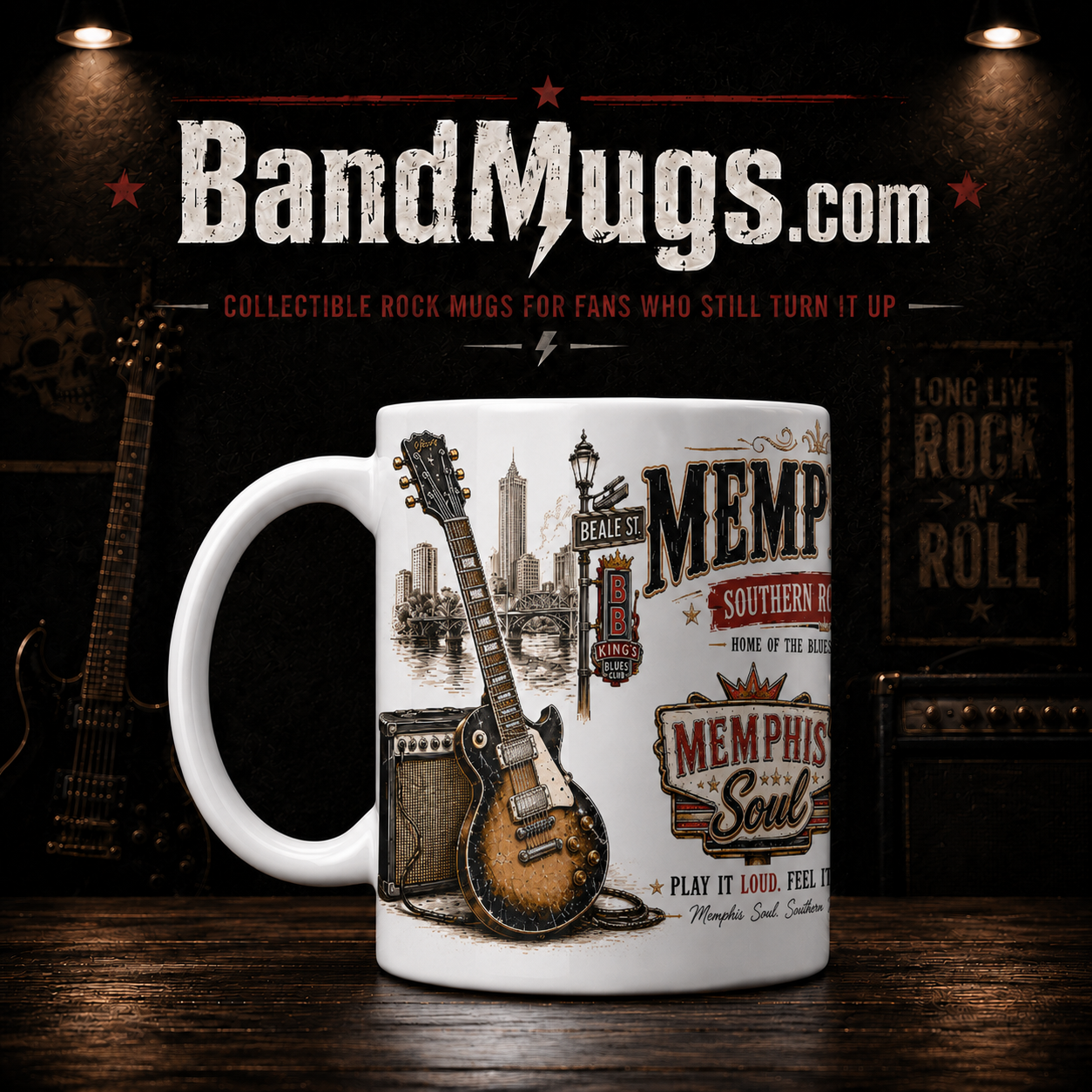 Mug with Memphis-themed design featuring a guitar and cityscape, placed on a wooden surface with a dark background.