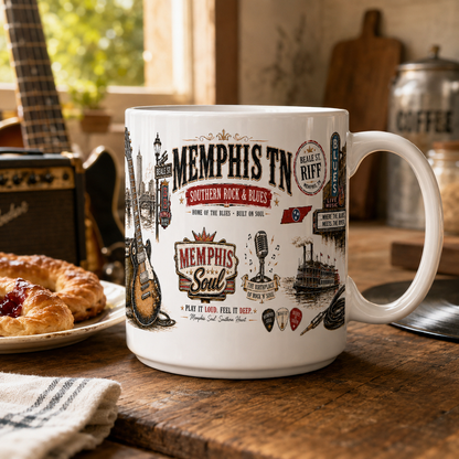 Memphis TN Southern Rock & Blues 15 oz Collectible Mug “Memphis Soul for Your Morning Coffee.”