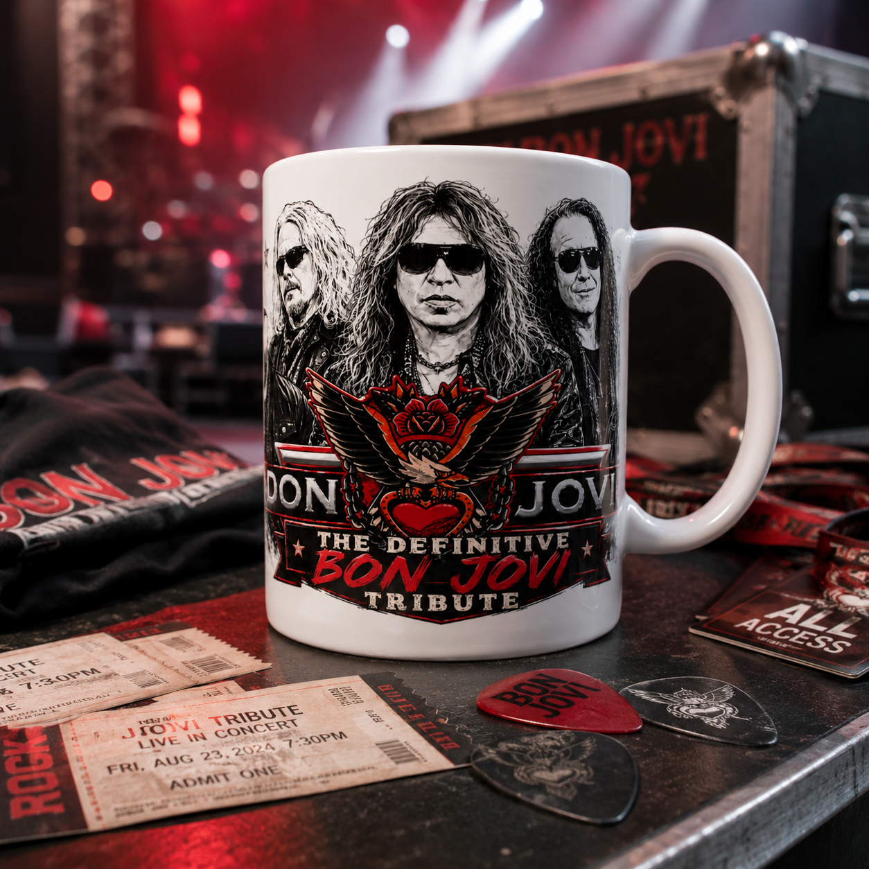 White mug with Bon Jovi design on a stage-like background with concert paraphernalia.