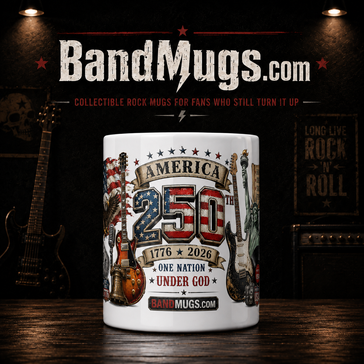 USA 250 Years of Freedom BandMugs.com Patriotic Rock Mug – 15 oz Ceramic Coffee Mug