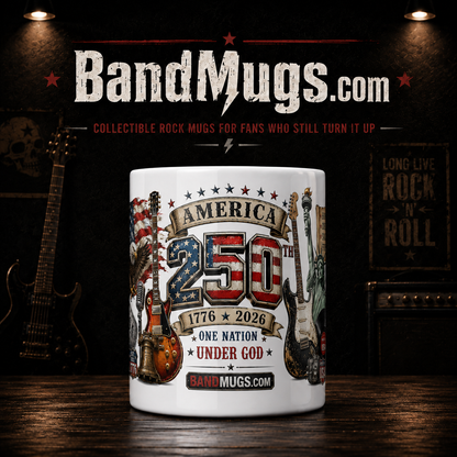USA 250 Years of Freedom BandMugs.com Patriotic Rock Mug – 15 oz Ceramic Coffee Mug
