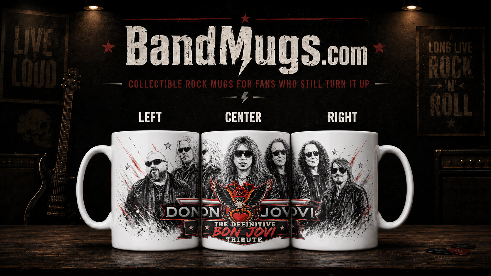 Three BandMugs featuring Bon Jovi tribute on a dark background with 'BandMugs.com' branding.