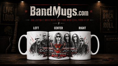 Three BandMugs featuring Bon Jovi tribute on a dark background with 'BandMugs.com' branding.