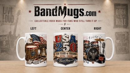 USA 250 Years of Freedom "Drums" BandMugs.com Patriotic Rock Mug – 15 oz Ceramic Coffee Mug