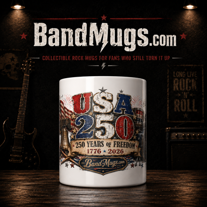 USA 250 Years of Freedom "Drums" BandMugs.com Patriotic Rock Mug – 15 oz Ceramic Coffee Mug