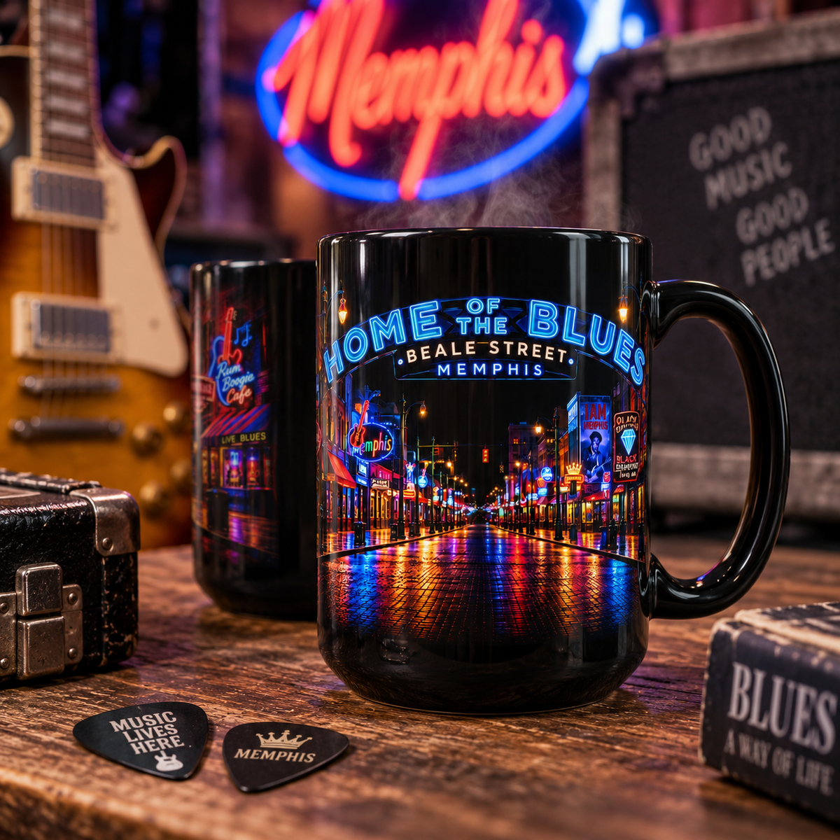 Memphis Home of the Blues – Beale Street Neon 15 oz Black Coffee Mug
