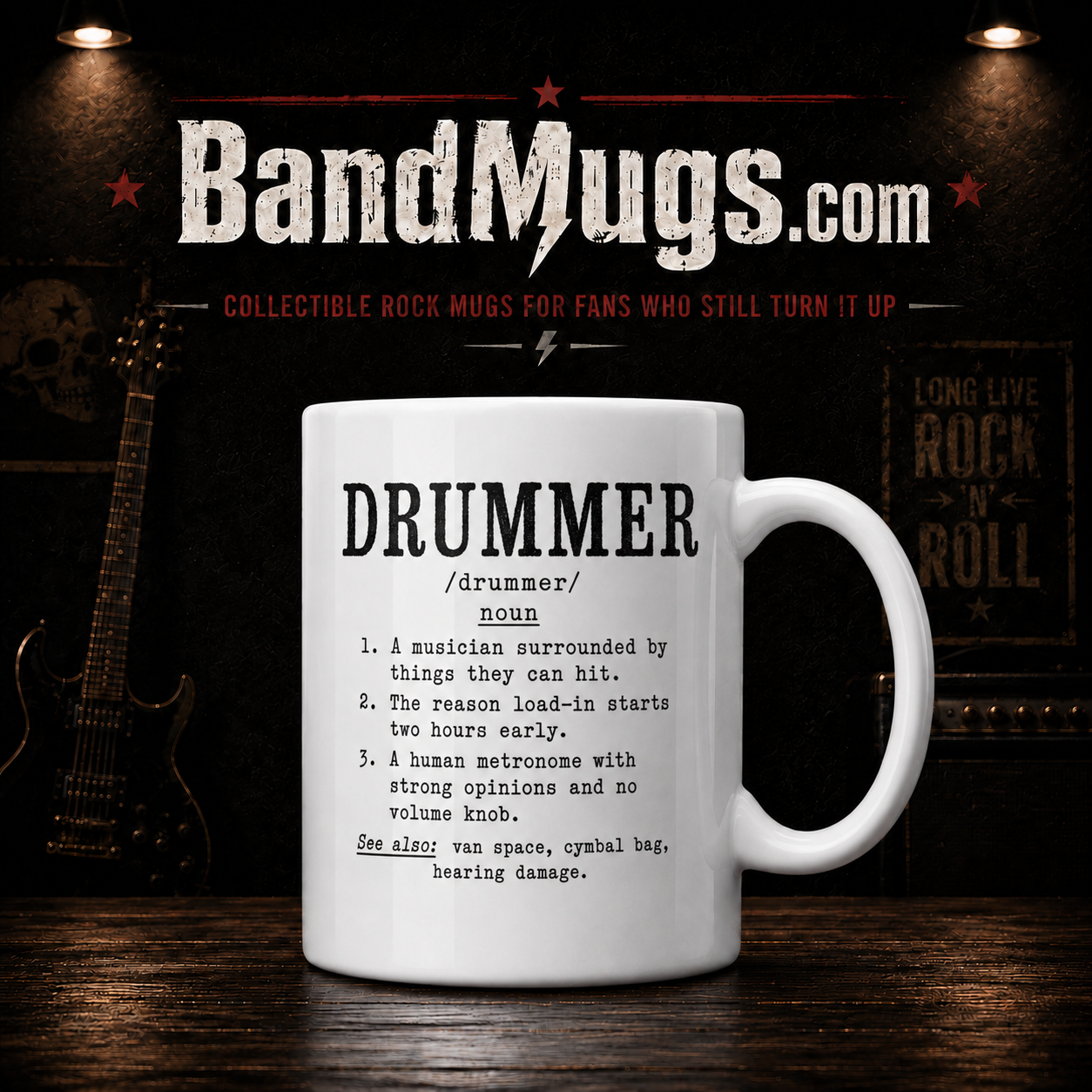Funny drummer definition mug with black typewriter-style text on a white ceramic coffee mug