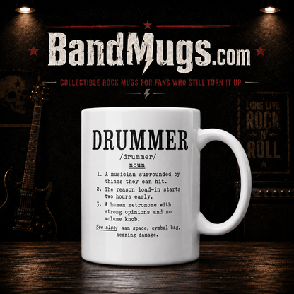 Funny drummer definition mug with black typewriter-style text on a white ceramic coffee mug