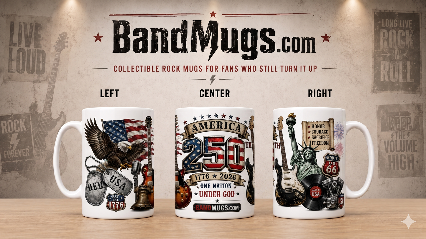 USA 250 Years of Freedom BandMugs.com Patriotic Rock Mug – 15 oz Ceramic Coffee Mug