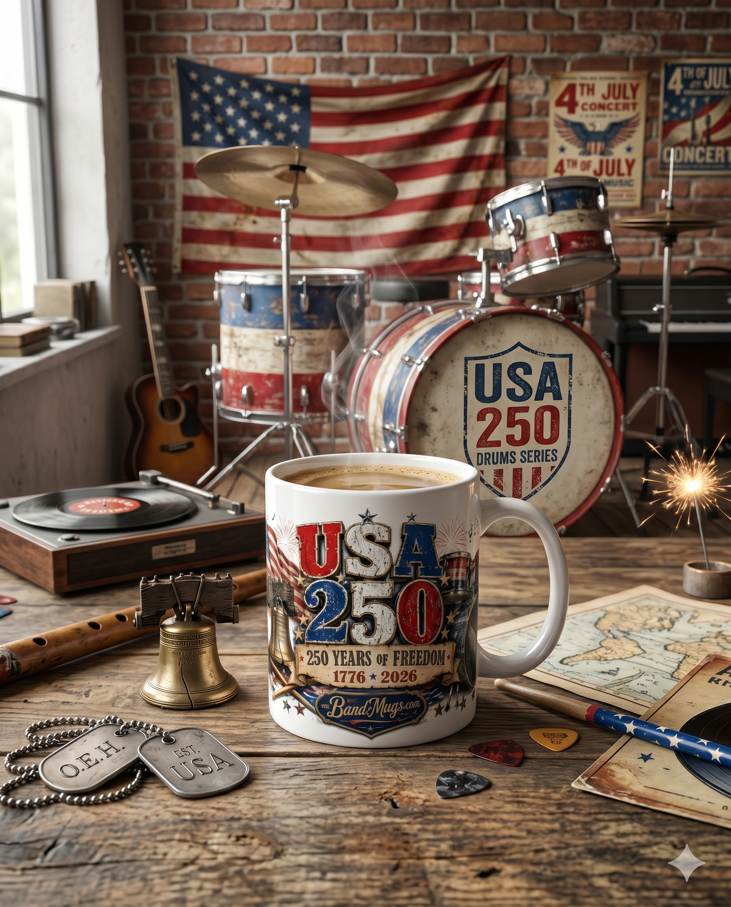 USA 250 Years of Freedom "Drums" BandMugs.com Patriotic Rock Mug – 15 oz Ceramic Coffee Mug
