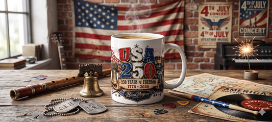 USA 250 Years of Freedom "Drums" BandMugs.com Patriotic Rock Mug – 15 oz Ceramic Coffee Mug