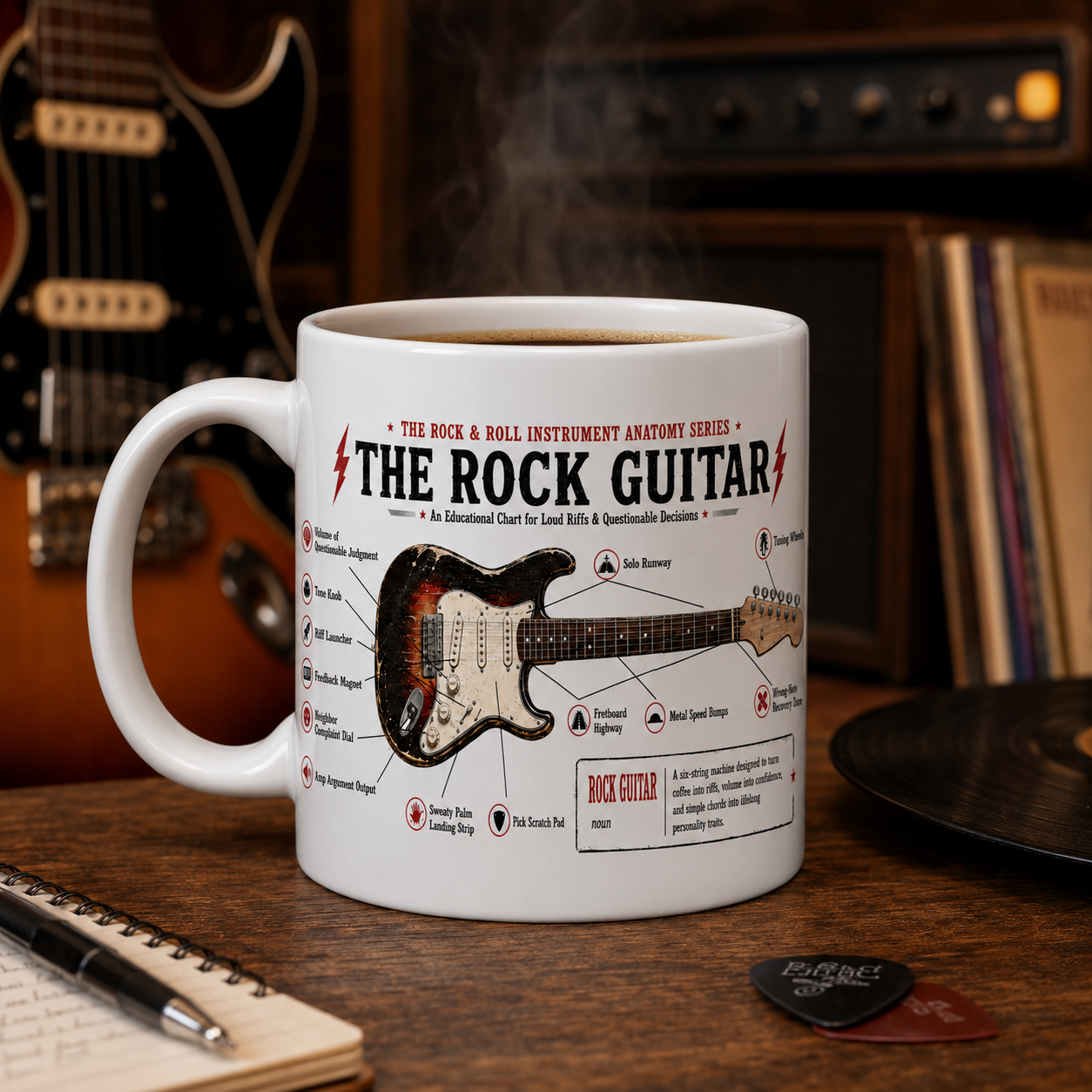 The Rock Guitar Mug – Rock & Roll Instrument Anatomy Series – 15 oz Collectible Guitar Coffee Mug