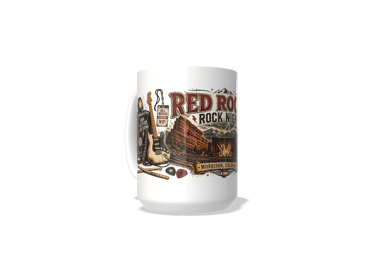 Red Rocks Rock Night Commemorative Mug | Morrison, CO Concert Nostalgia 15 oz Coffee BandMugs.com