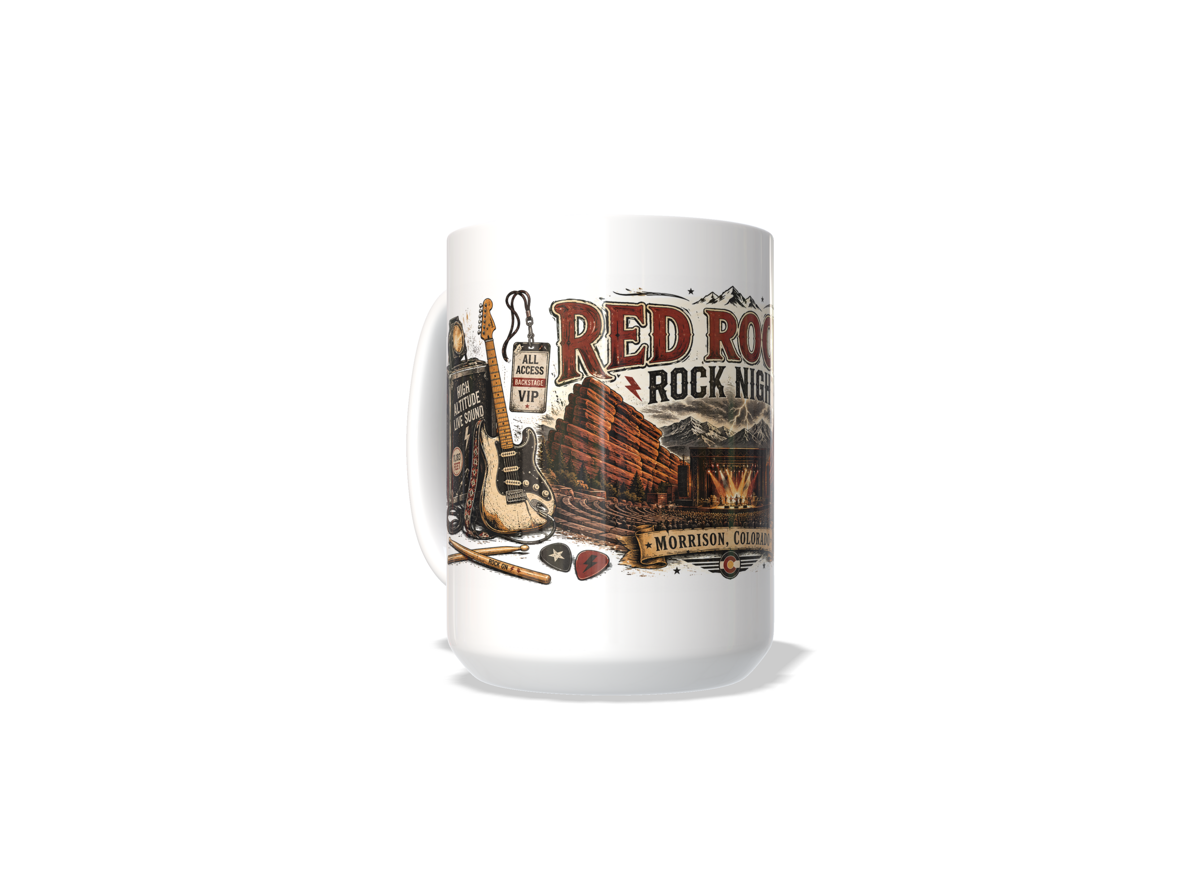 Red Rocks Rock Night Commemorative Mug | Morrison, CO Concert Nostalgia 15 oz Coffee BandMugs.com