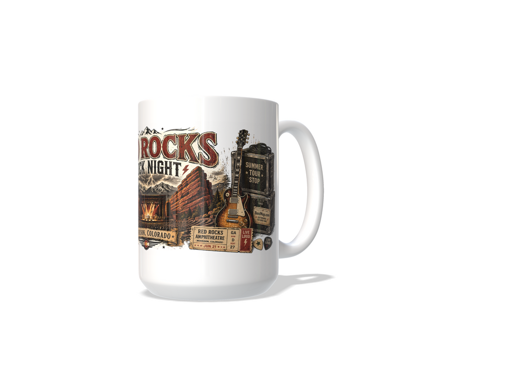 Red Rocks Rock Night Commemorative Mug | Morrison, CO Concert Nostalgia 15 oz Coffee BandMugs.com