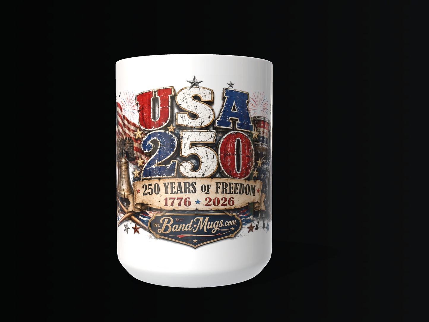 USA 250 Years of Freedom "Drums" BandMugs.com Patriotic Rock Mug – 15 oz Ceramic Coffee Mug