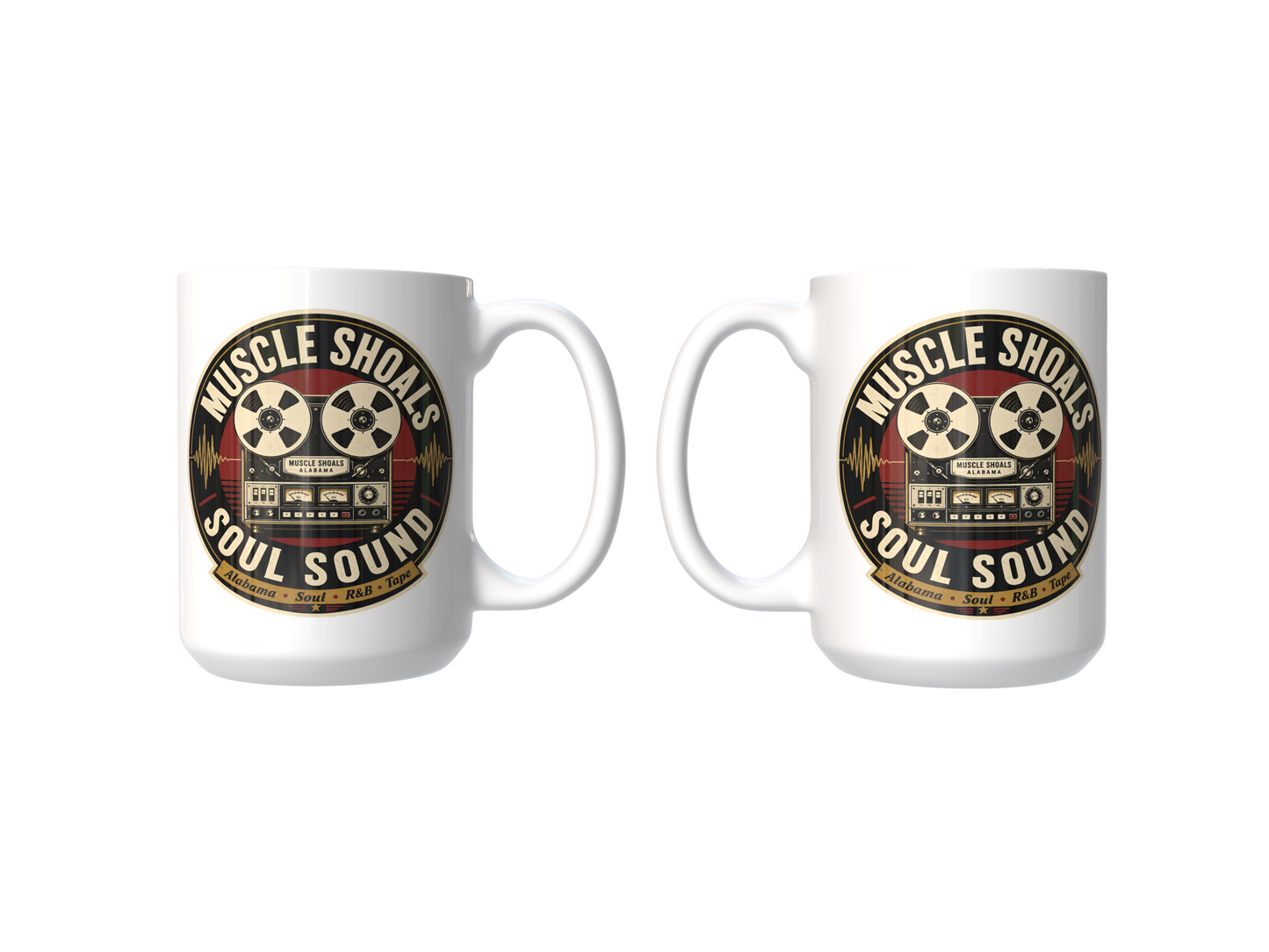 Two white mugs with 'Muscle Shoals Soul Sound' design on a white background