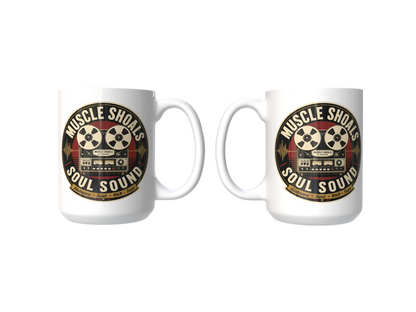 Two white mugs with 'Muscle Shoals Soul Sound' design on a white background