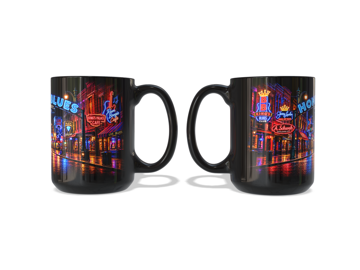 Memphis Home of the Blues – Beale Street Neon 15 oz Black Coffee Mug