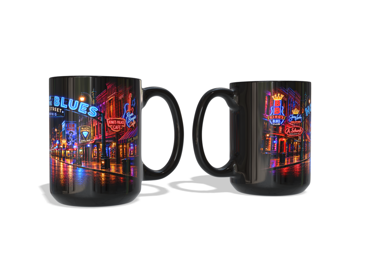 Memphis Home of the Blues – Beale Street Neon 15 oz Black Coffee Mug