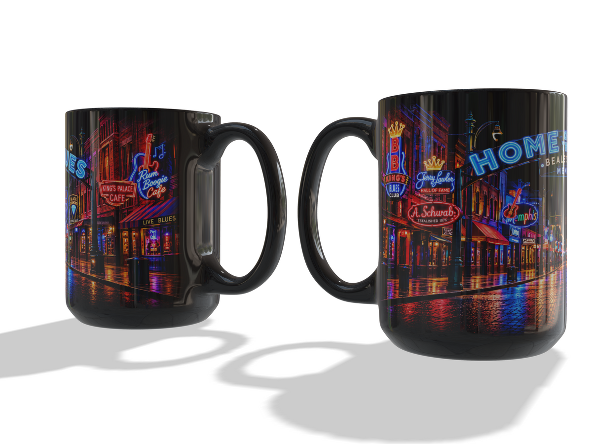 Memphis Home of the Blues – Beale Street Neon 15 oz Black Coffee Mug