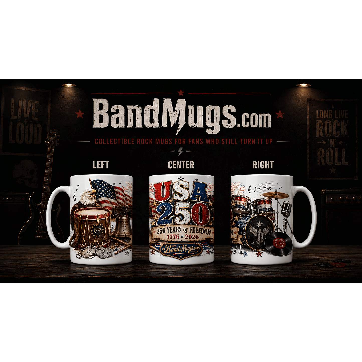 USA 250 Years of Freedom "Drums" BandMugs.com Patriotic Rock Mug – 15 oz Ceramic Coffee Mug