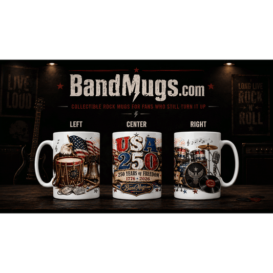 USA 250 Years of Freedom "Drums" BandMugs.com Patriotic Rock Mug – 15 oz Ceramic Coffee Mug