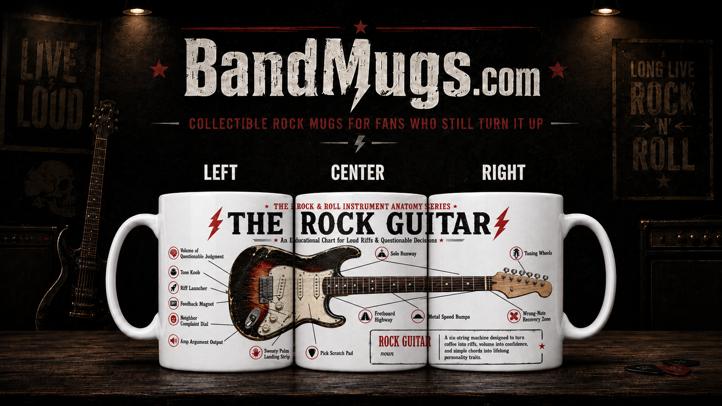 Three mugs with a guitar design and text, featuring BandMugs.com branding.