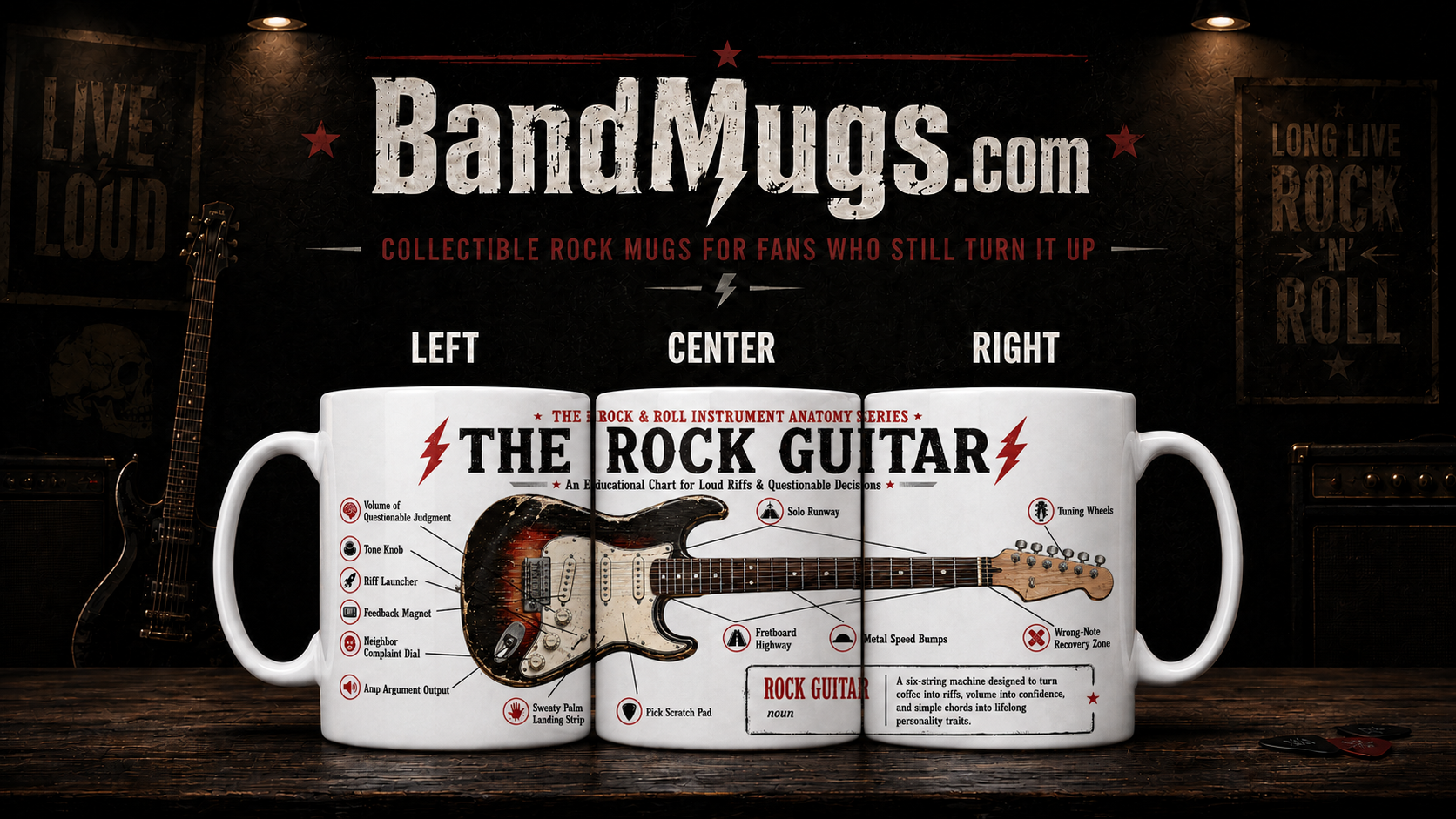 Three mugs with a guitar design and text, featuring BandMugs.com branding.