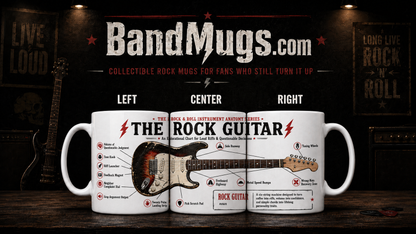 Three mugs with a guitar design and text, featuring BandMugs.com branding.