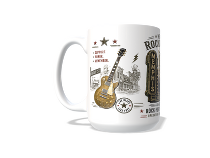 Official Tora Tora Memphis Rockin’ Blues mug artwork with Beale Street marquee, guitar, stars, lightning bolts, and Rock for the Troops design.