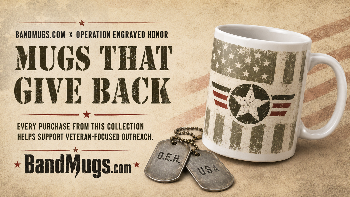 Mug with American flag design and dog tags on a beige background, featuring BandMugs.com branding.