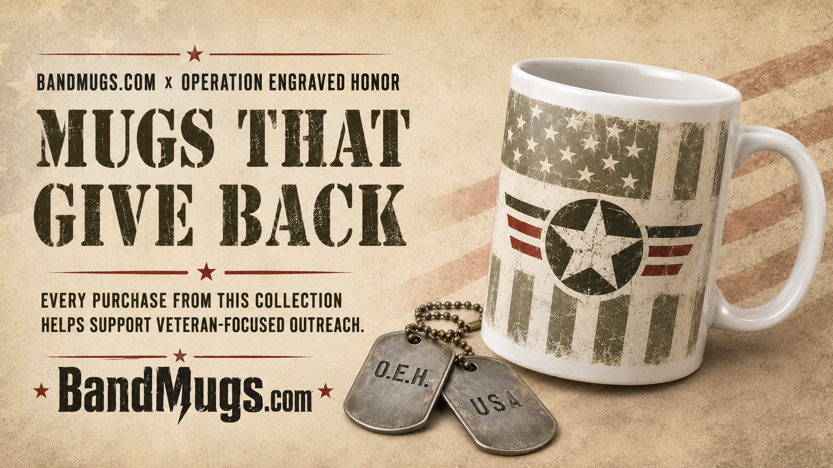 Mug with American flag design and dog tags on a beige background, featuring BandMugs.com branding.