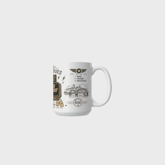 Official Tora Tora Memphis Rockin’ Blues mug artwork with Beale Street marquee, guitar, stars, lightning bolts, and Rock for the Troops design.