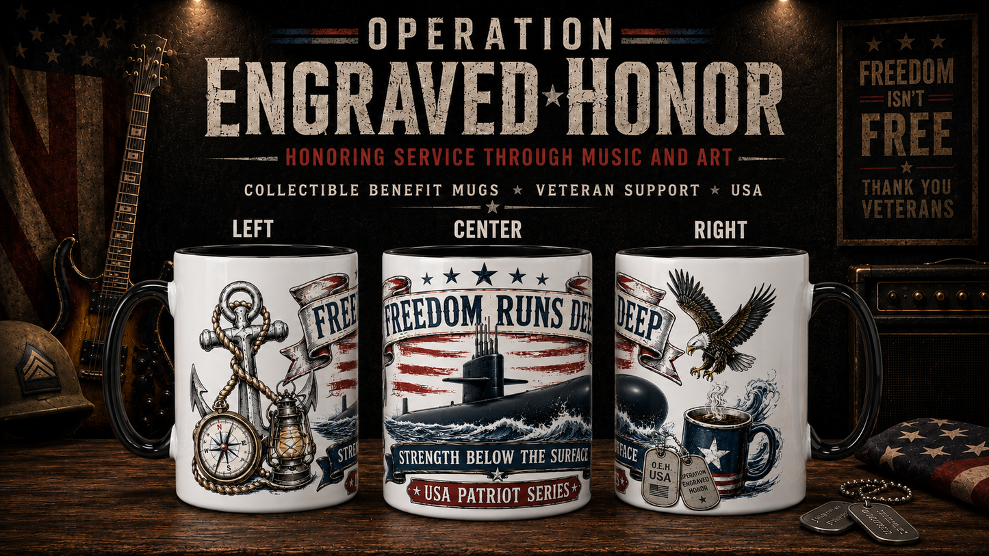 Three collectible coffee mugs with military-themed designs on a wooden surface.