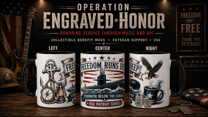 Three collectible coffee mugs with military-themed designs on a wooden surface.